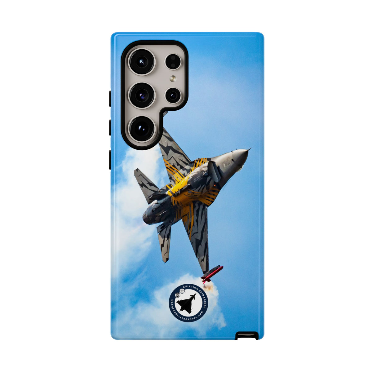 Tiger-striped Belgian F-16 banking hard with smoke aviation photo Samsung Galaxy tough phone case – view 17