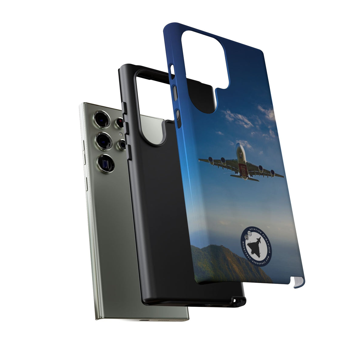Emirates Airbus A380 climbing head-on over coastline aviation photo Samsung Galaxy tough phone case – view 40