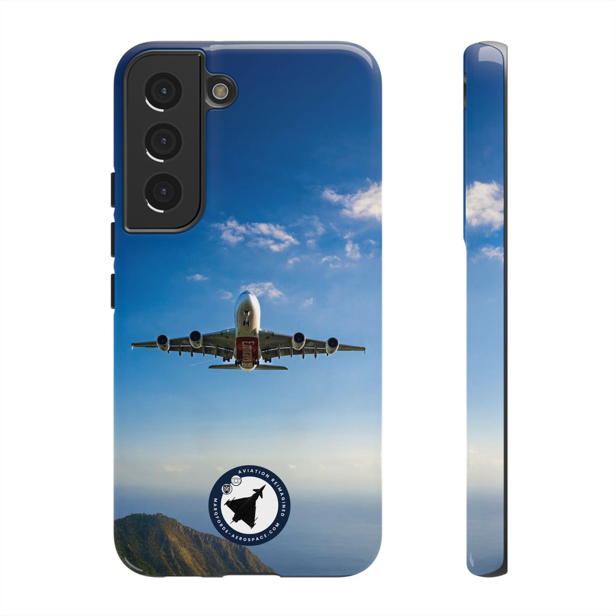 Emirates Airbus A380 climbing head-on over coastline aviation photo Samsung Galaxy tough phone case – view 10