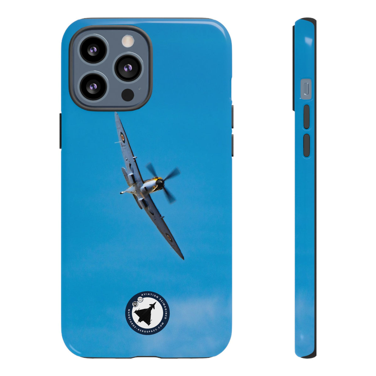 Camouflaged RAF Spitfire banking in a blue sky aviation photo iPhone tough phone case – view 19
