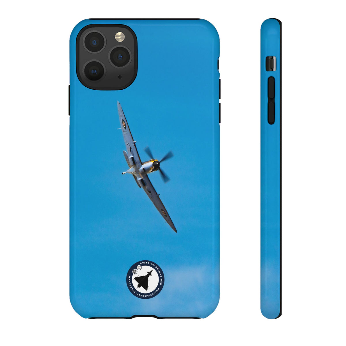 Camouflaged RAF Spitfire banking in a blue sky aviation photo iPhone tough phone case – view 11