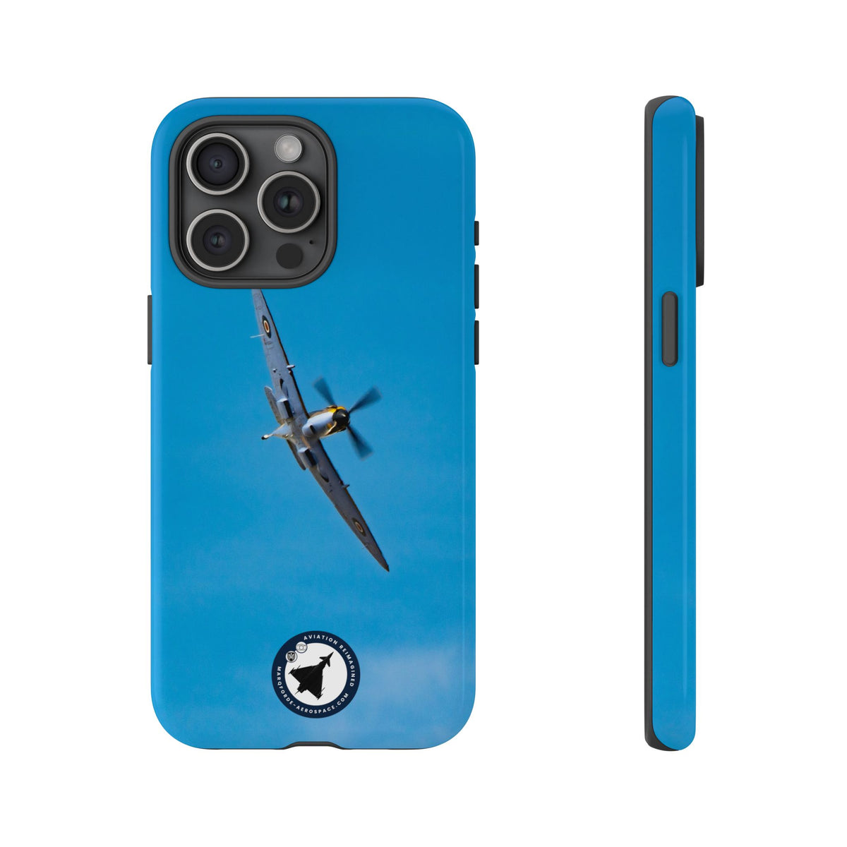 Camouflaged RAF Spitfire banking in a blue sky aviation photo iPhone tough phone case – view 26