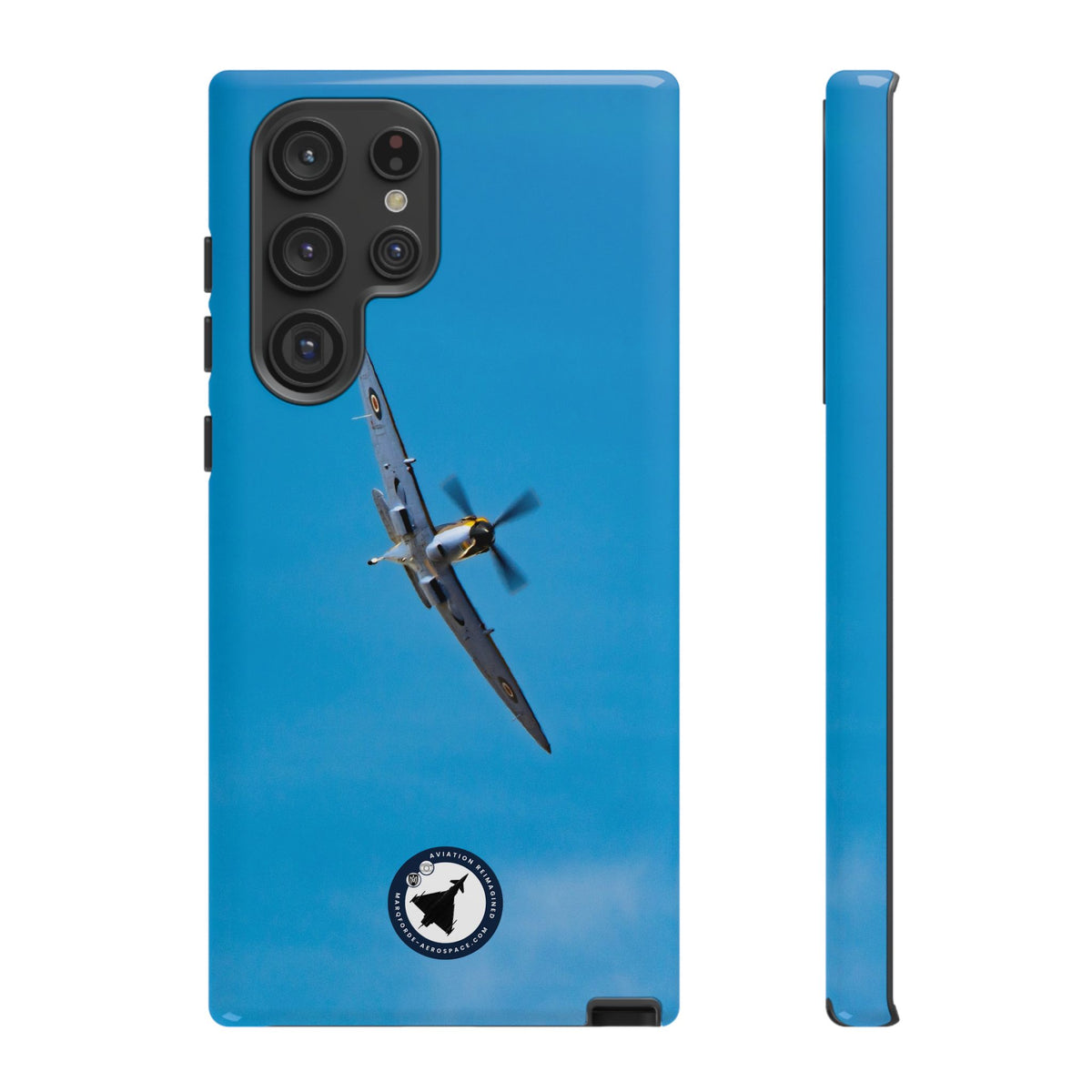 Camouflaged RAF Spitfire banking in a blue sky aviation photo Samsung Galaxy tough phone case – view 7