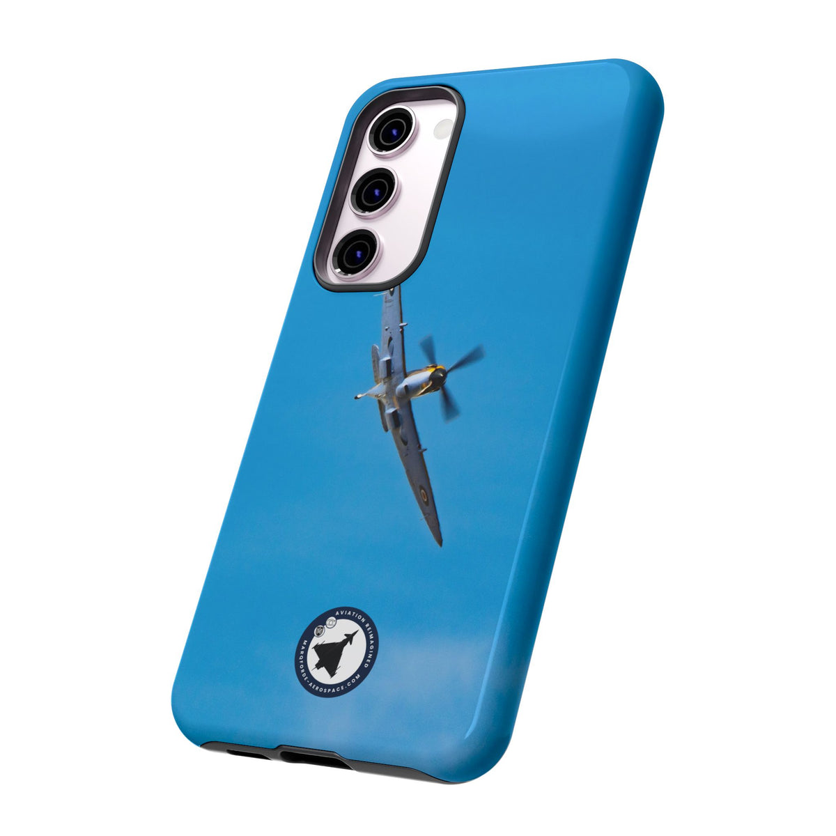Camouflaged RAF Spitfire banking in a blue sky aviation photo Samsung Galaxy tough phone case – view 28