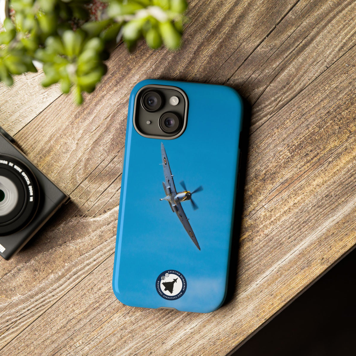 Camouflaged RAF Spitfire banking in a blue sky aviation photo iPhone tough phone case – view 51