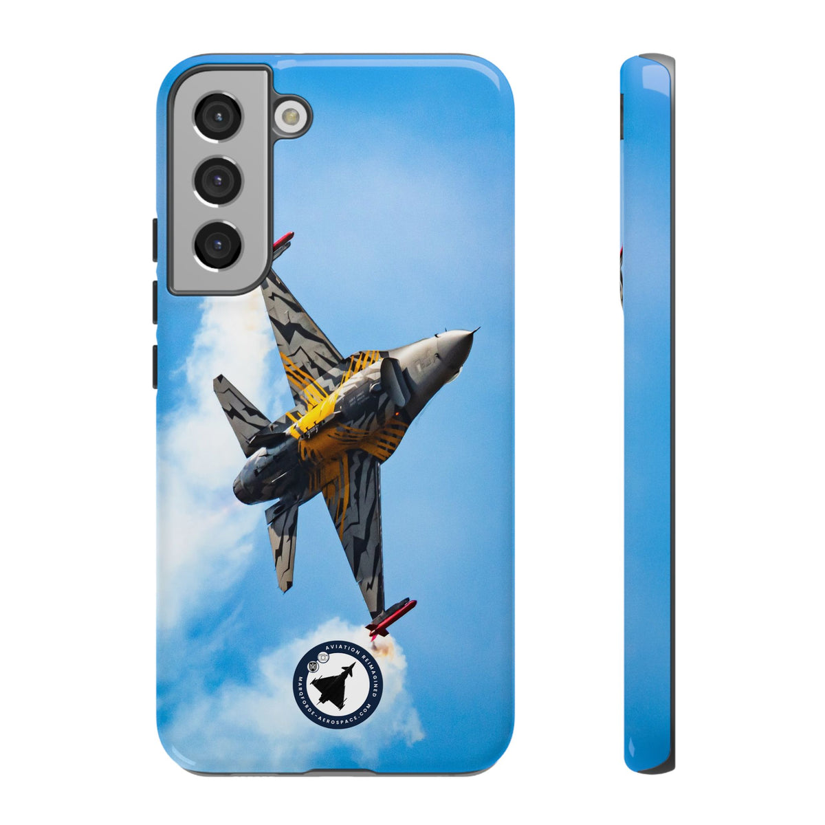 Tiger-striped Belgian F-16 banking hard with smoke aviation photo Samsung Galaxy tough phone case – view 11