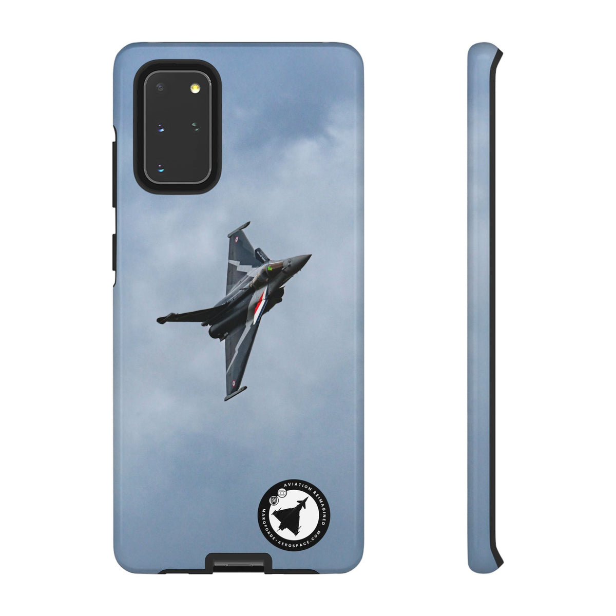 Dark grey striped Rafale banking nose-high in cloud aviation photo Samsung Galaxy tough phone case – view 4