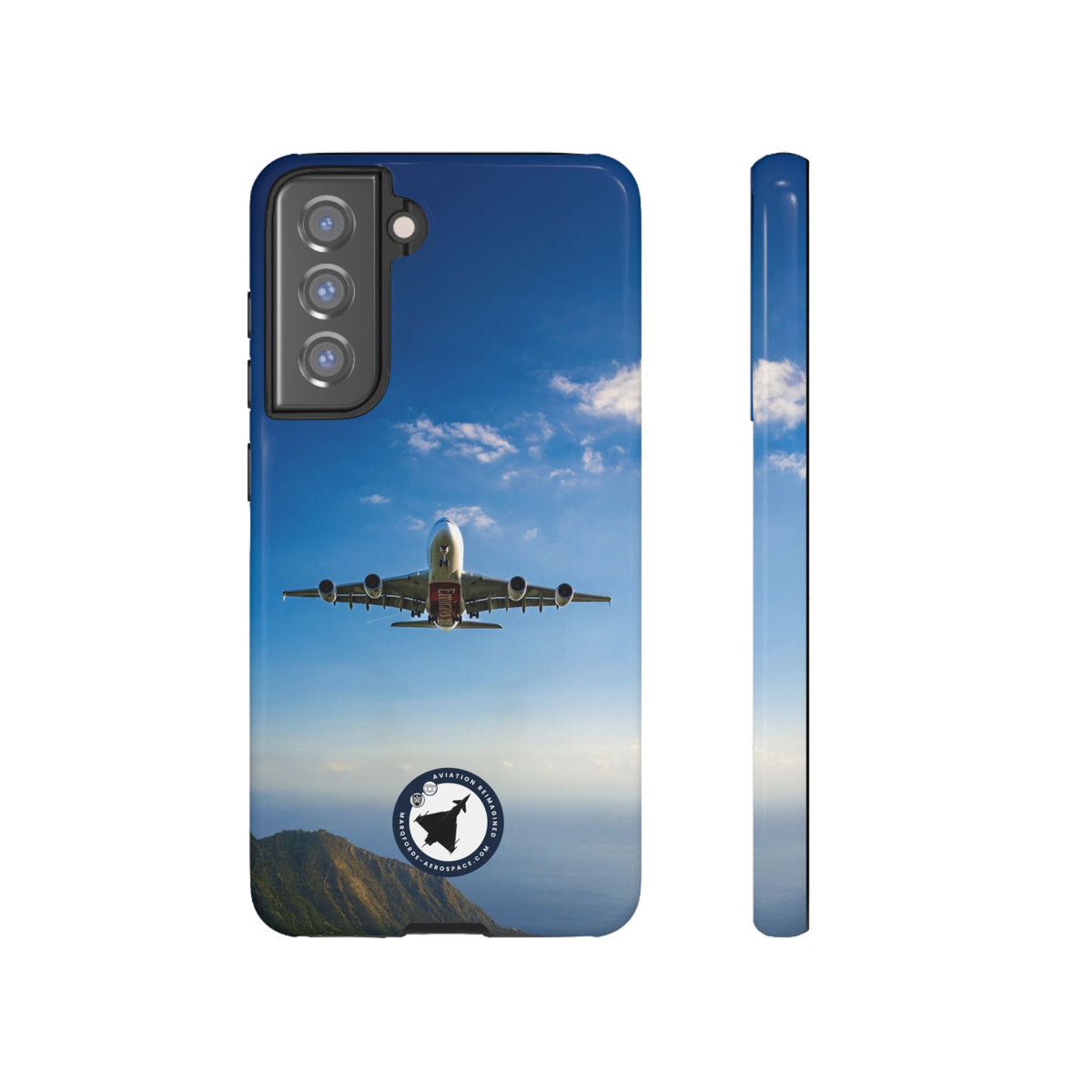 Emirates Airbus A380 climbing head-on over coastline aviation photo Samsung Galaxy tough phone case – view 9