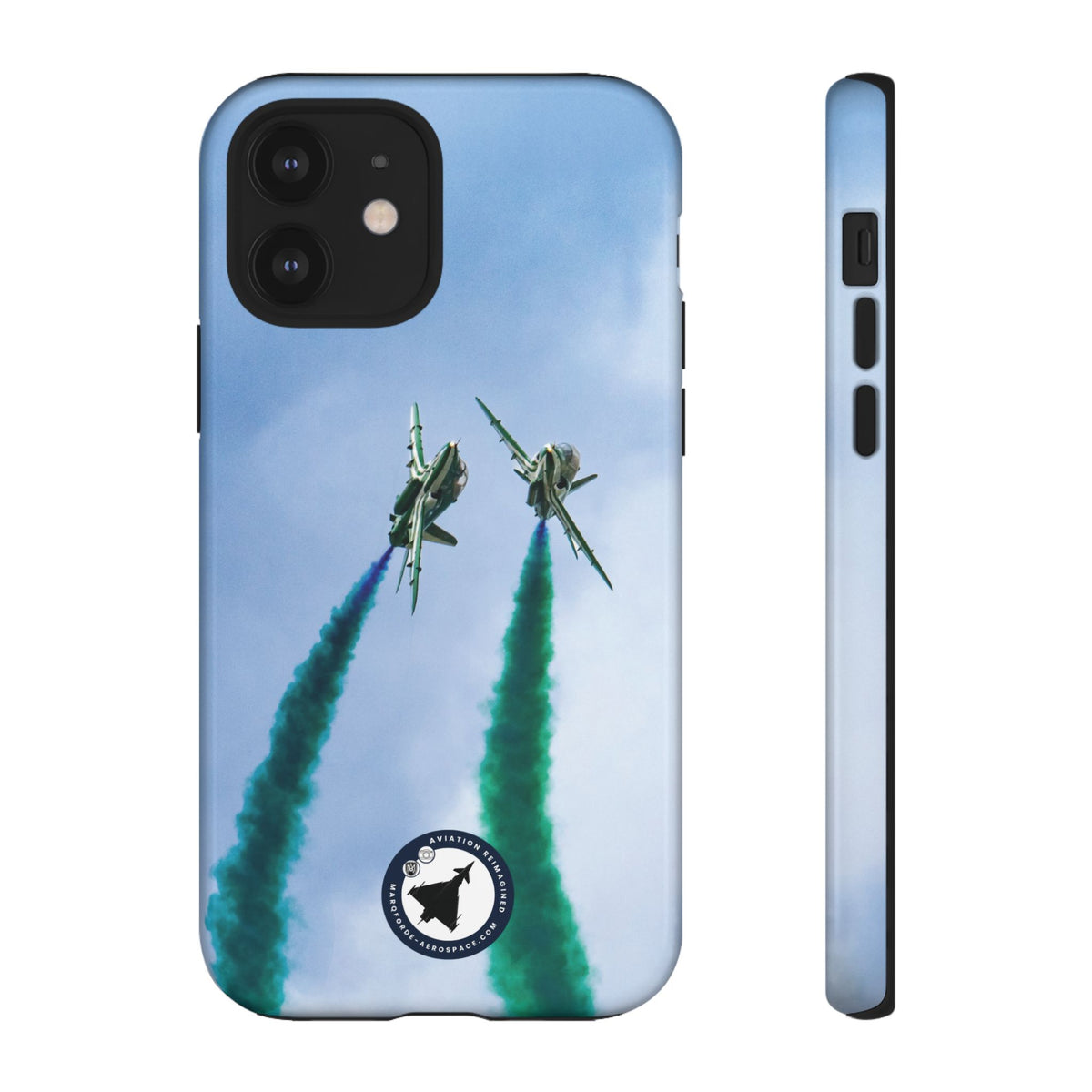 Two Saudi Hawks jets crossing in green smoke aviation photo iPhone tough phone case – view 14