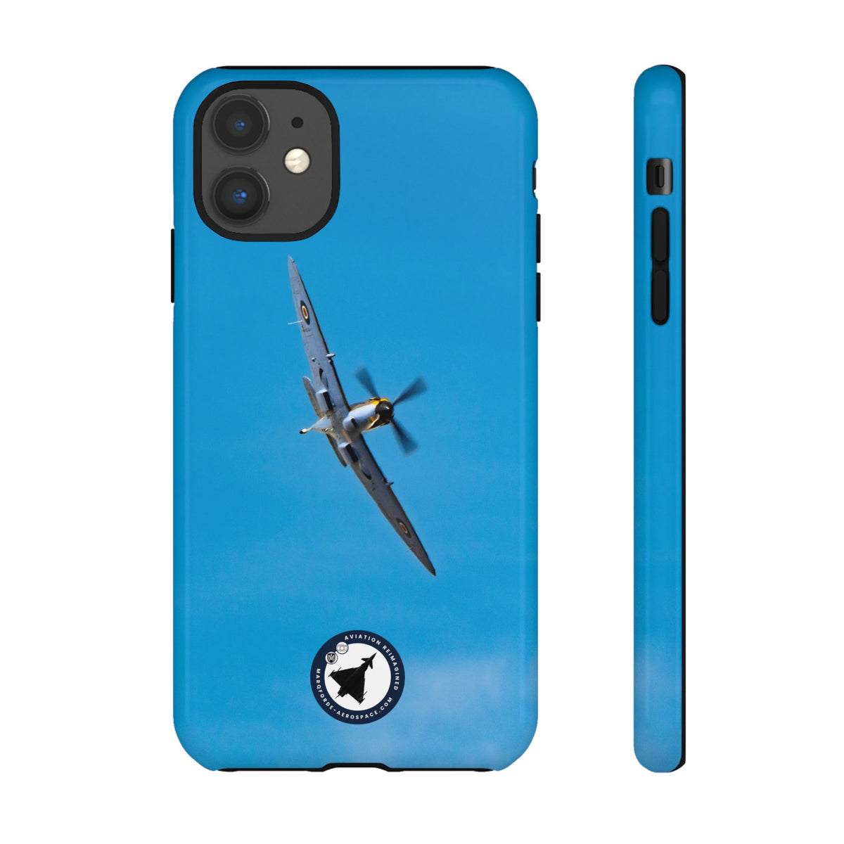Camouflaged RAF Spitfire banking in a blue sky aviation photo iPhone tough phone case – view 9