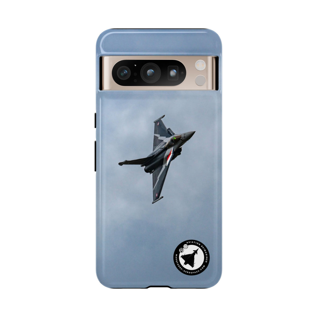 Dark grey striped Rafale banking nose-high in cloud aviation photo Google Pixel tough phone case – view 3