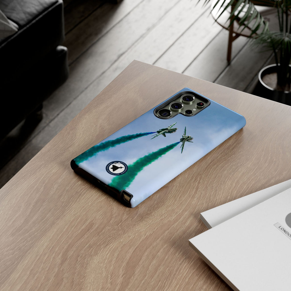 Two Saudi Hawks jets crossing in green smoke aviation photo Samsung Galaxy tough phone case – view 35