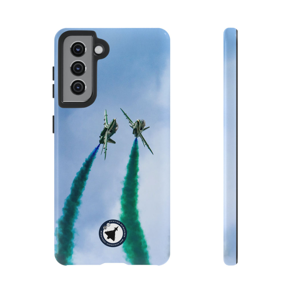 Two Saudi Hawks jets crossing in green smoke aviation photo Samsung Galaxy tough phone case – view 2