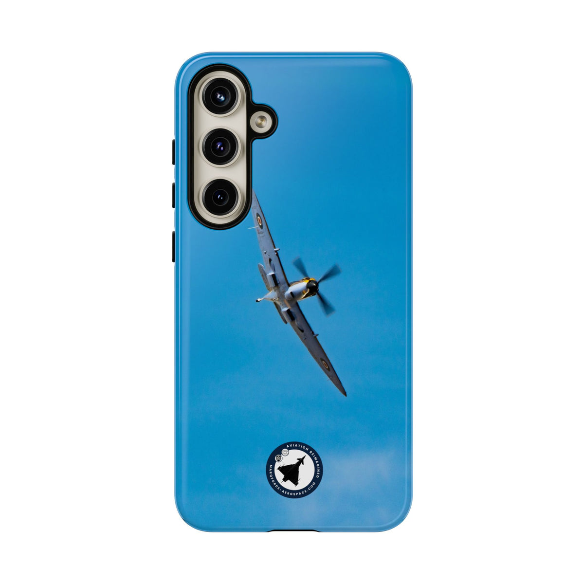 Camouflaged RAF Spitfire banking in a blue sky aviation photo Samsung Galaxy tough phone case – view 12