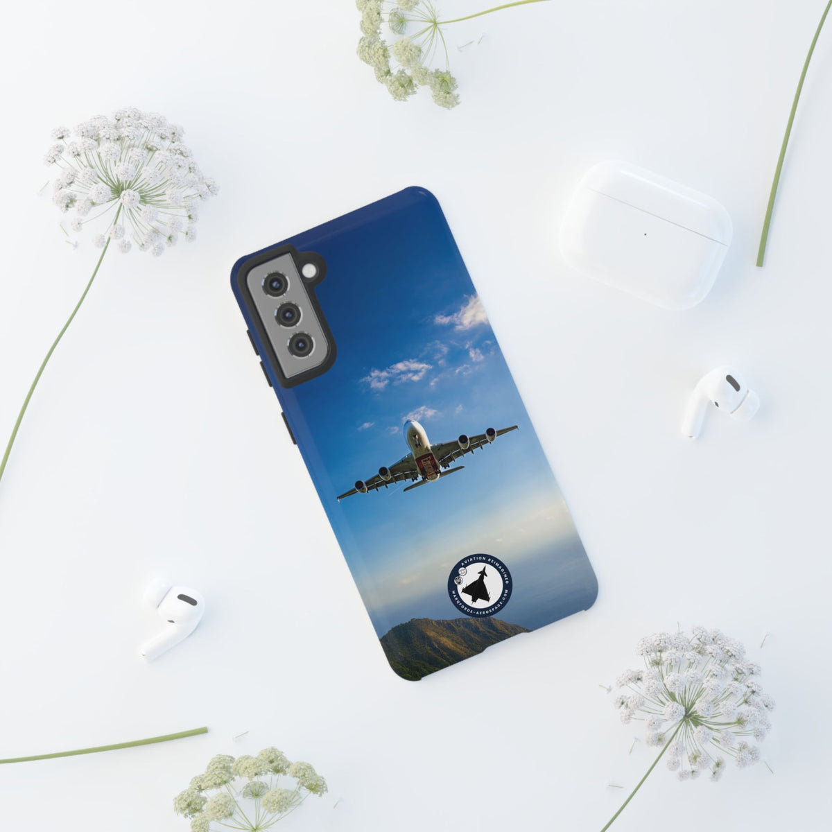Emirates Airbus A380 climbing head-on over coastline aviation photo Samsung Galaxy tough phone case – view 27