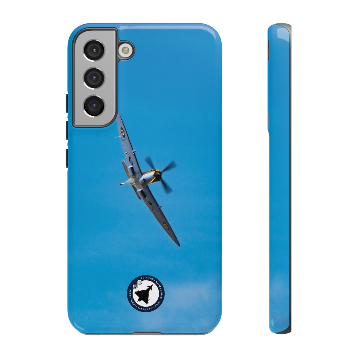 Camouflaged RAF Spitfire banking in a blue sky aviation photo Samsung Galaxy tough phone case – view 6