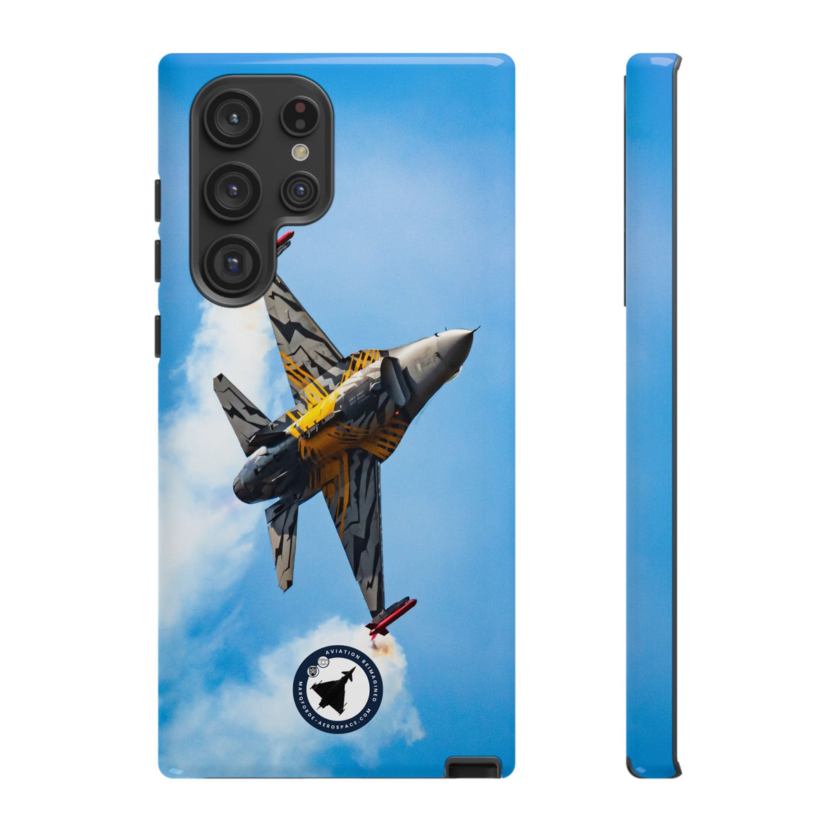 Tiger-striped Belgian F-16 banking hard with smoke aviation photo Samsung Galaxy tough phone case – view 12