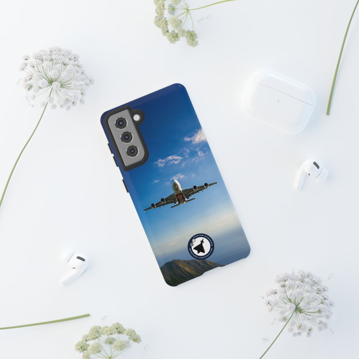 Emirates Airbus A380 climbing head-on over coastline aviation photo Samsung Galaxy tough phone case – view 26