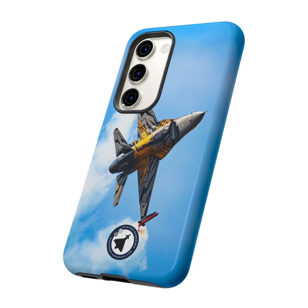Tiger-striped Belgian F-16 banking hard with smoke aviation photo Samsung Galaxy tough phone case – view 32