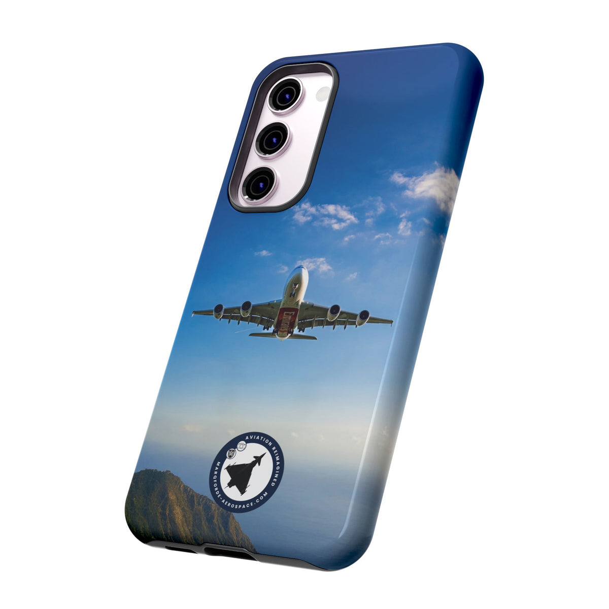 Emirates Airbus A380 climbing head-on over coastline aviation photo Samsung Galaxy tough phone case – view 36