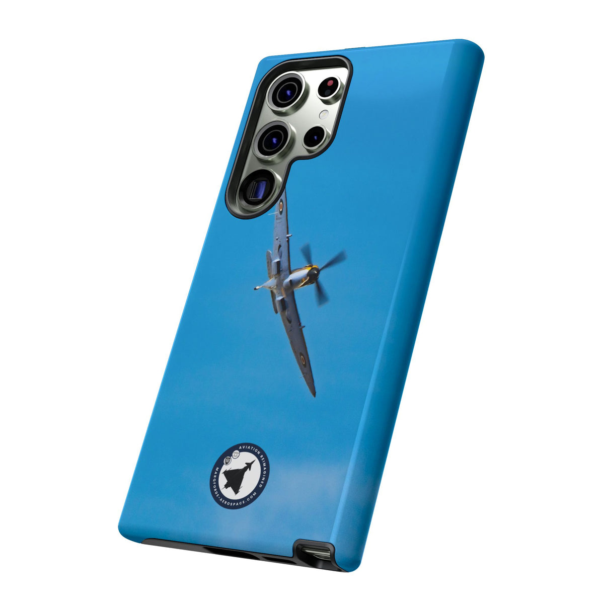 Camouflaged RAF Spitfire banking in a blue sky aviation photo Samsung Galaxy tough phone case – view 31