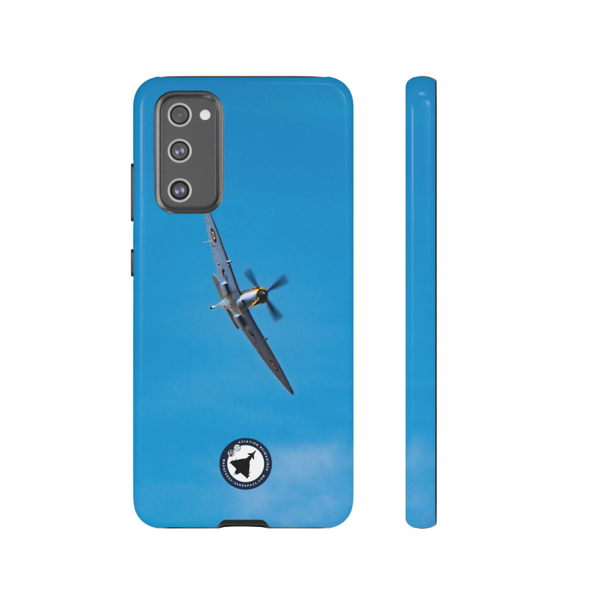 Camouflaged RAF Spitfire banking in a blue sky aviation photo Samsung Galaxy tough phone case – view 4