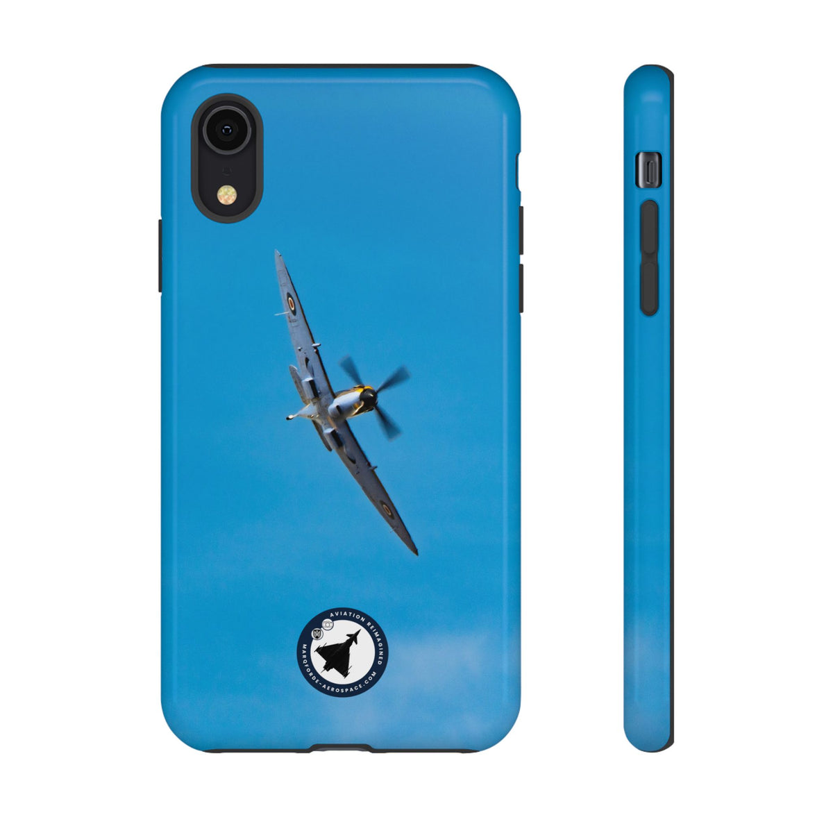 Camouflaged RAF Spitfire banking in a blue sky aviation photo iPhone tough phone case – view 6