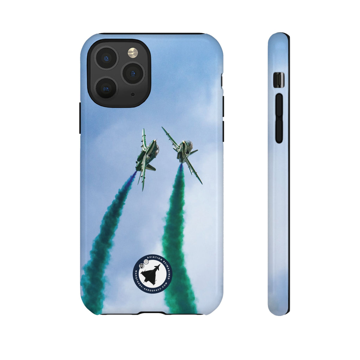 Two Saudi Hawks jets crossing in green smoke aviation photo iPhone tough phone case – view 11