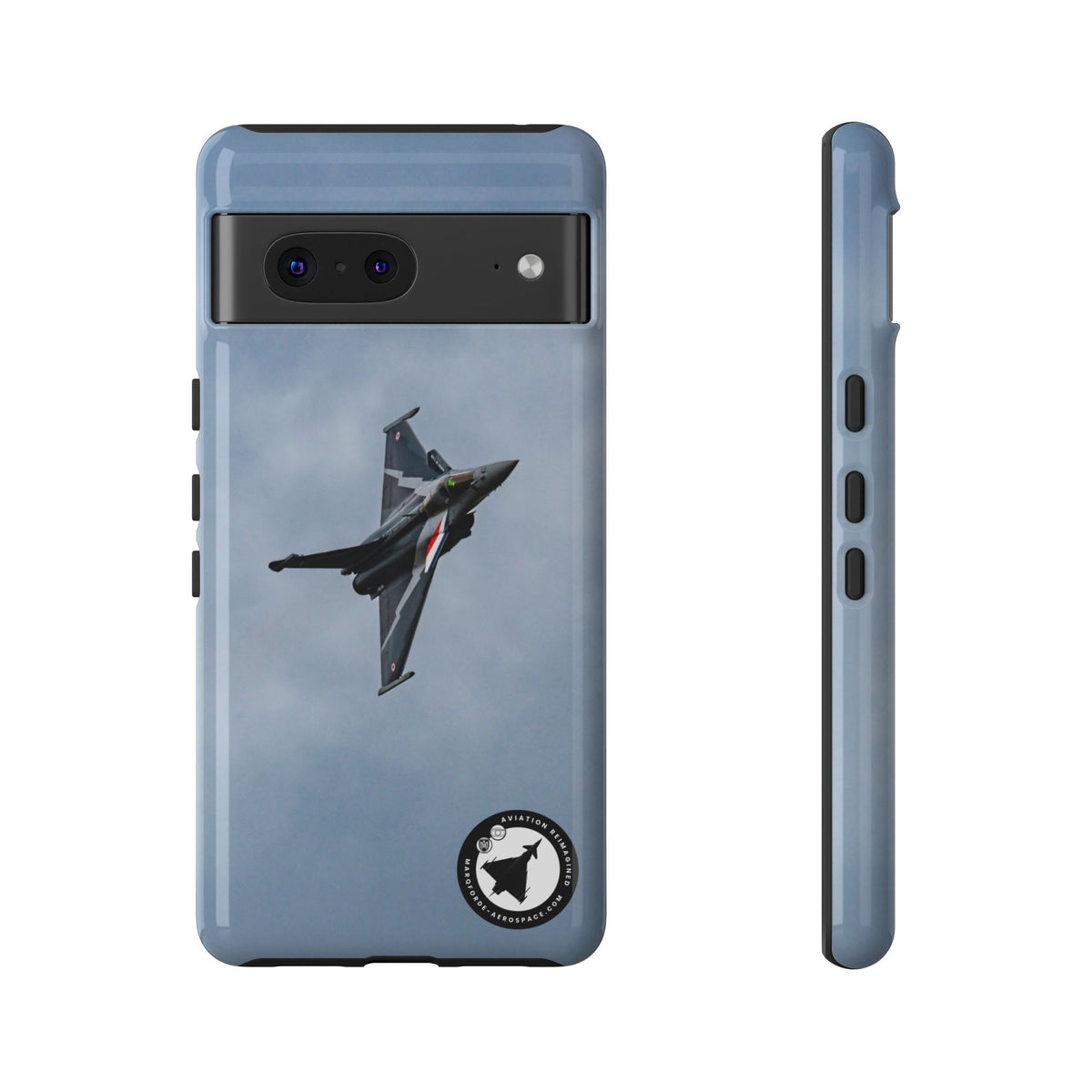 Dark grey striped Rafale banking nose-high in cloud aviation photo Google Pixel tough phone case – view 2