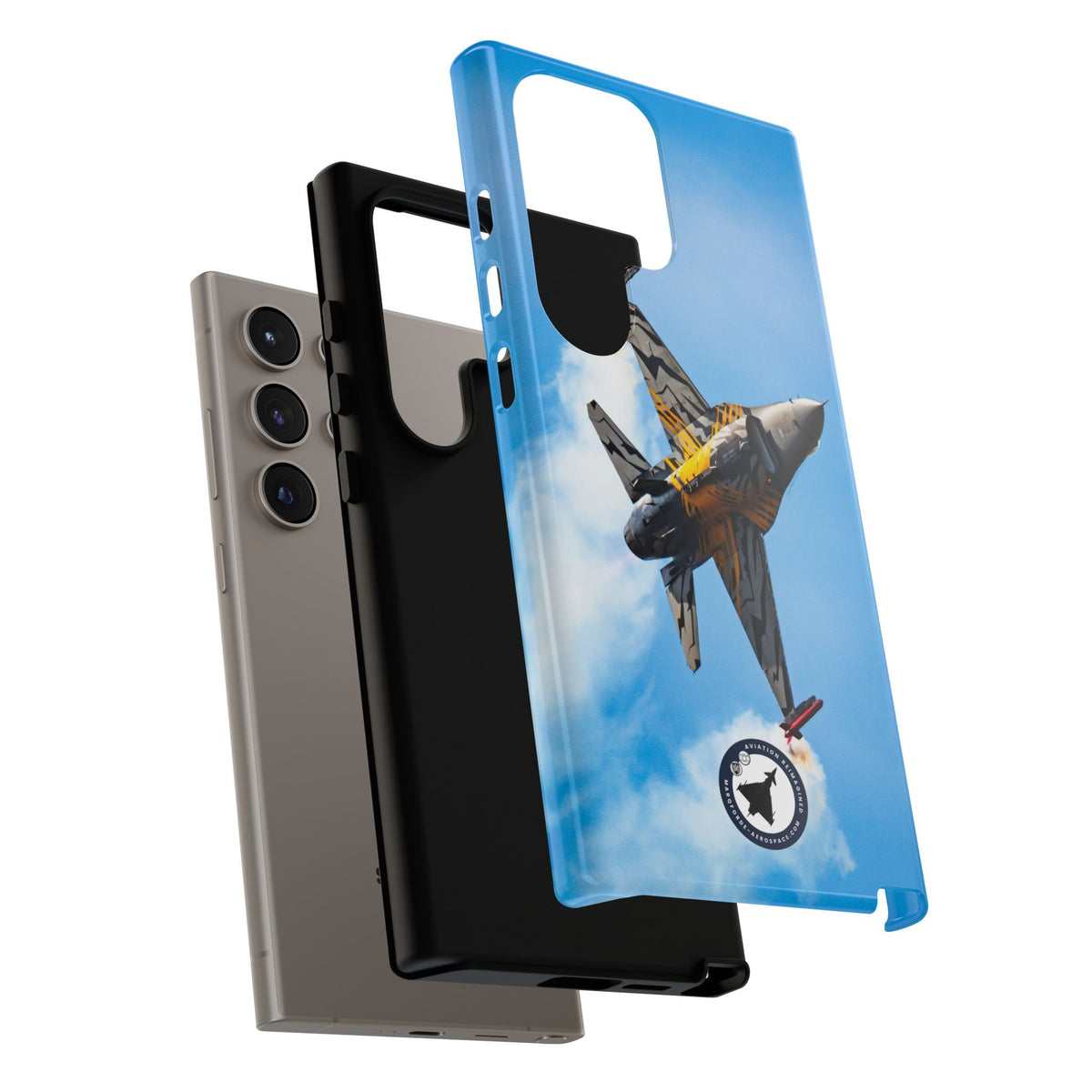 Tiger-striped Belgian F-16 banking hard with smoke aviation photo Samsung Galaxy tough phone case – view 46