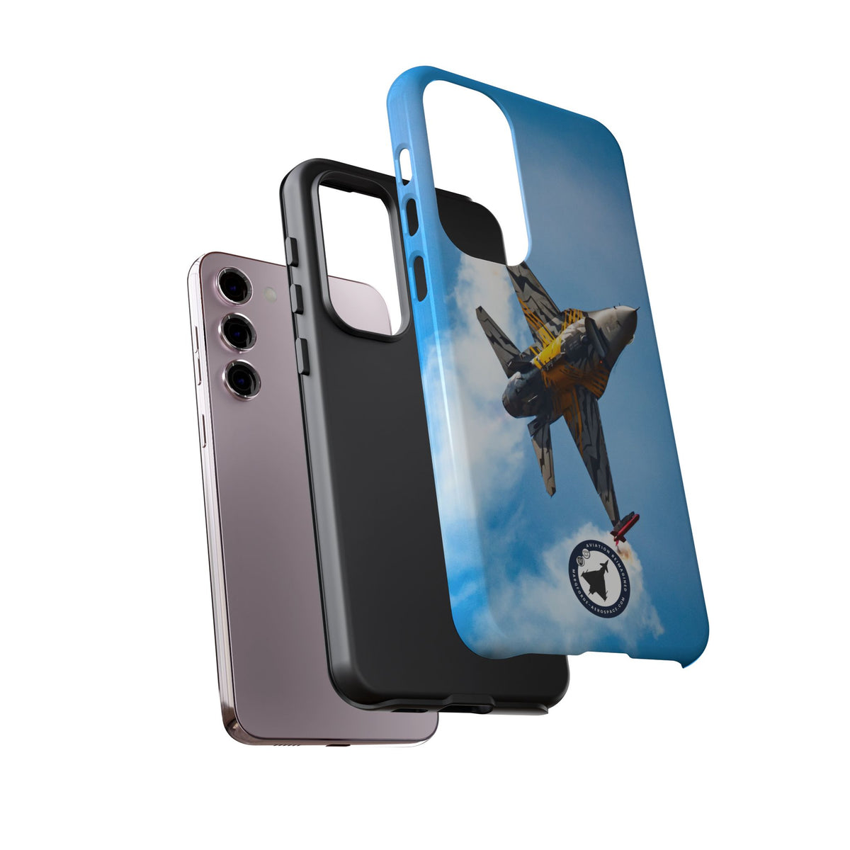 Tiger-striped Belgian F-16 banking hard with smoke aviation photo Samsung Galaxy tough phone case – view 36
