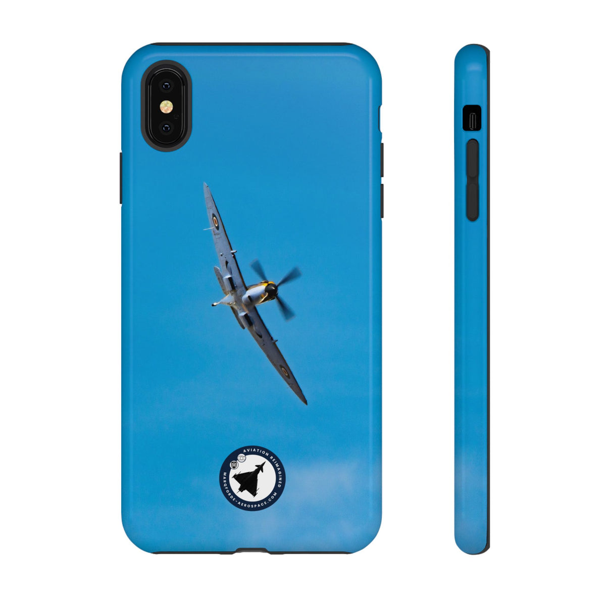 Camouflaged RAF Spitfire banking in a blue sky aviation photo iPhone tough phone case – view 8