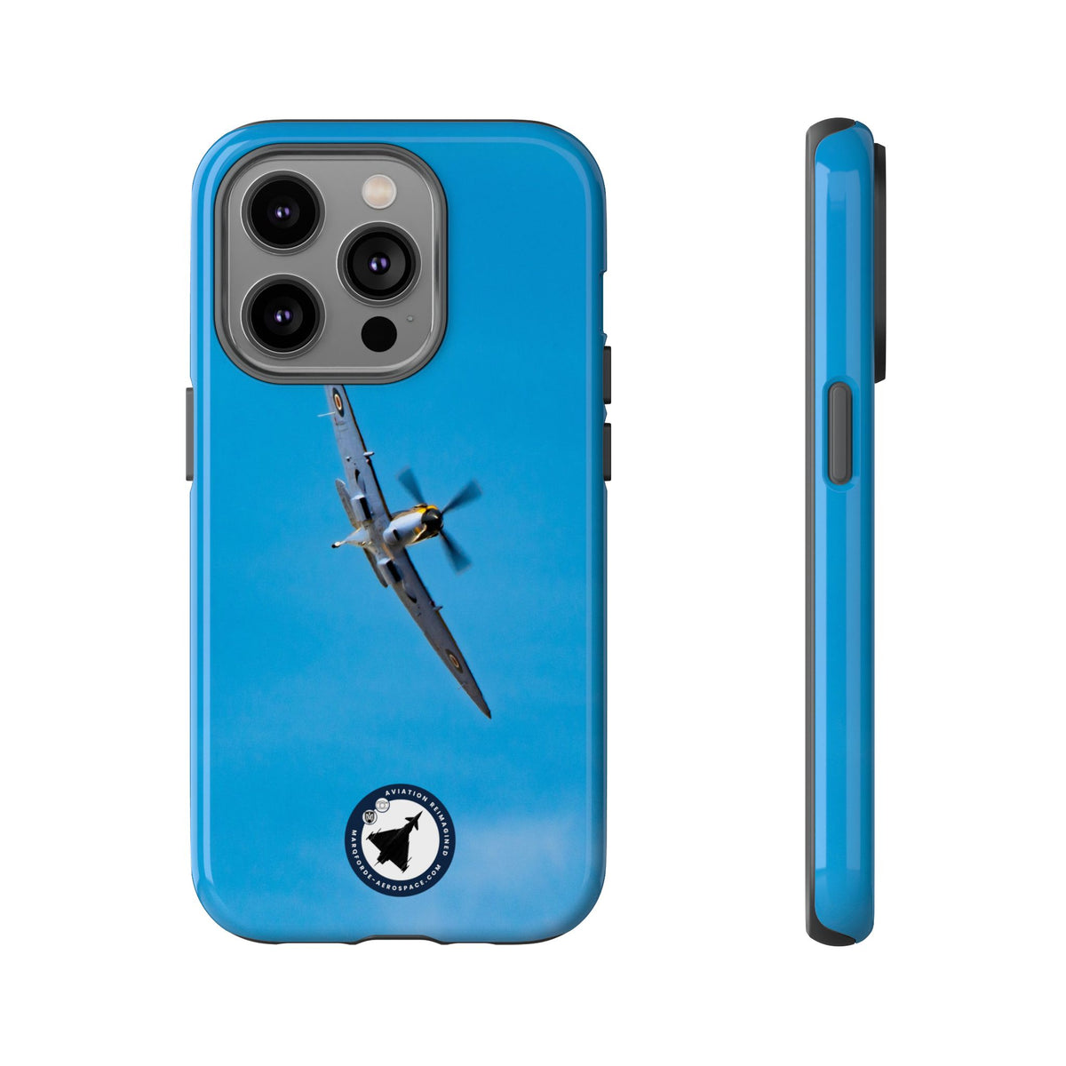 Camouflaged RAF Spitfire banking in a blue sky aviation photo iPhone tough phone case – view 21