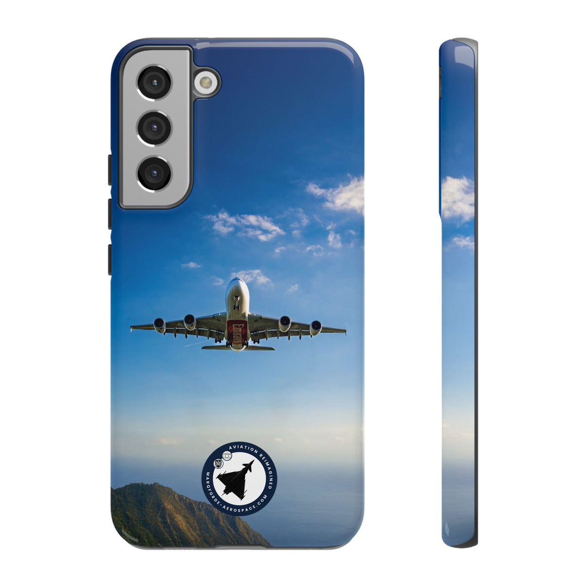 Emirates Airbus A380 climbing head-on over coastline aviation photo Samsung Galaxy tough phone case – view 11