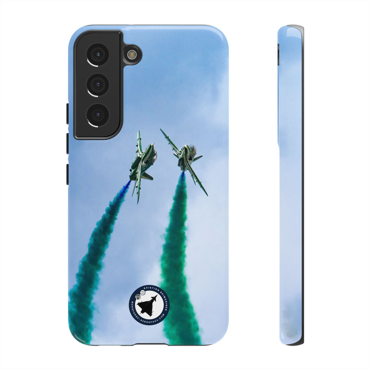 Two Saudi Hawks jets crossing in green smoke aviation photo Samsung Galaxy tough phone case – view 6