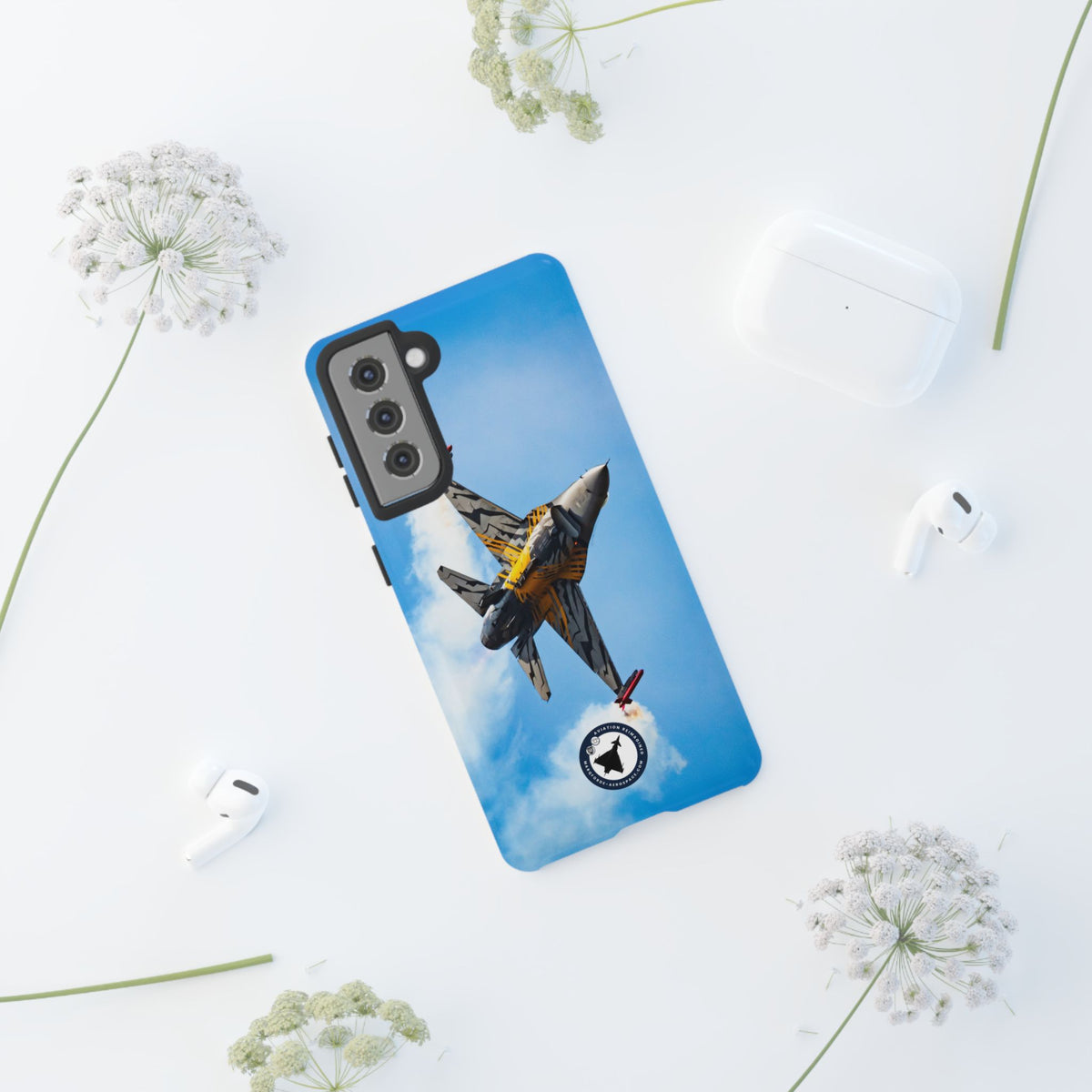 Tiger-striped Belgian F-16 banking hard with smoke aviation photo Samsung Galaxy tough phone case – view 24