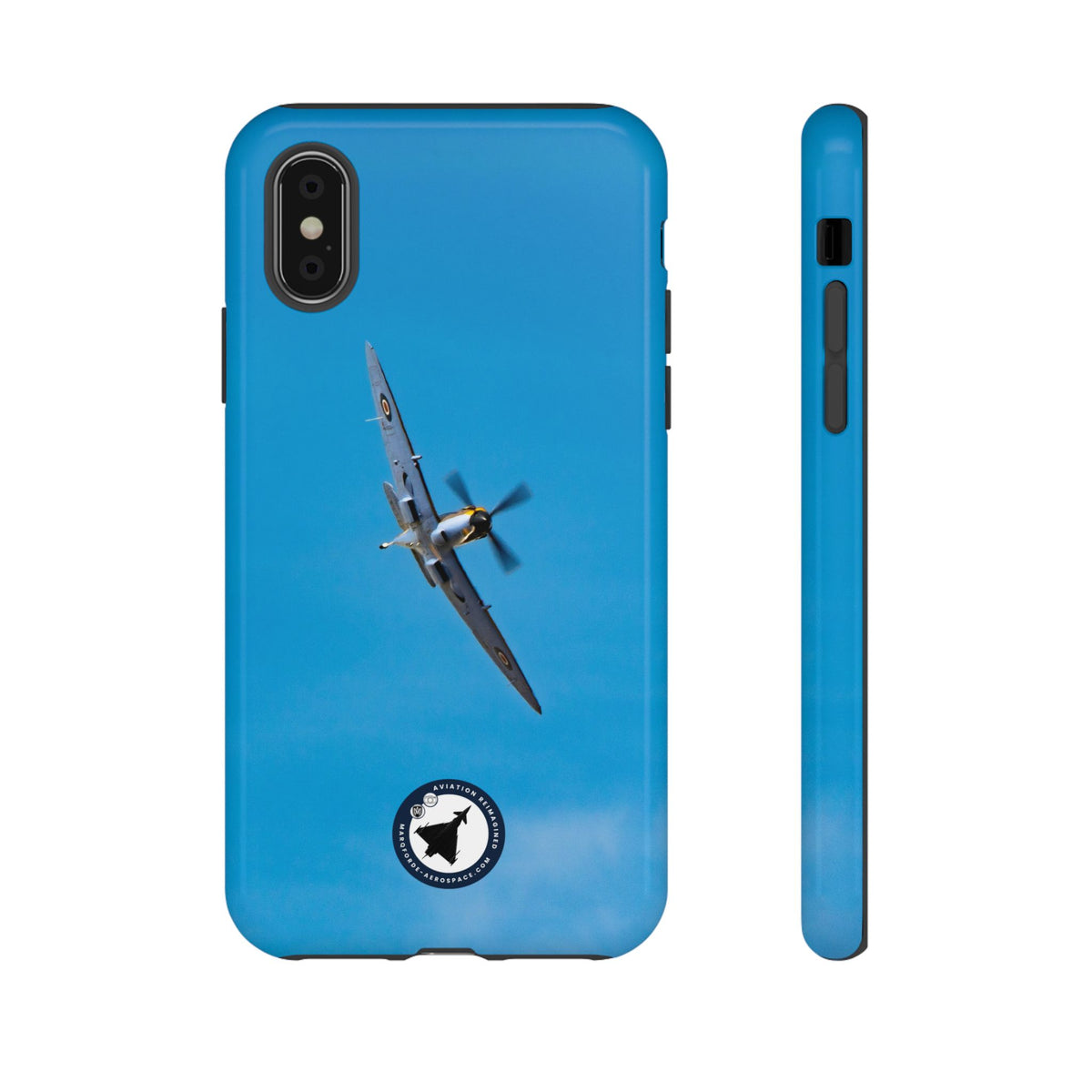 Camouflaged RAF Spitfire banking in a blue sky aviation photo iPhone tough phone case – view 5