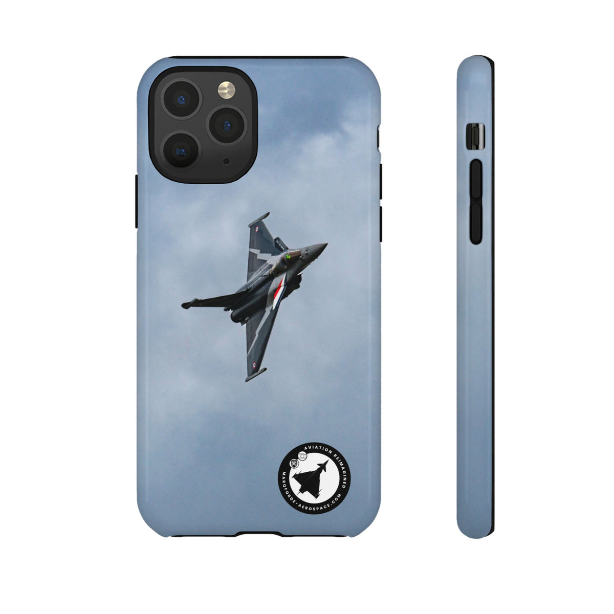 Dark grey striped Rafale banking nose-high in cloud aviation photo iPhone tough phone case – view 3