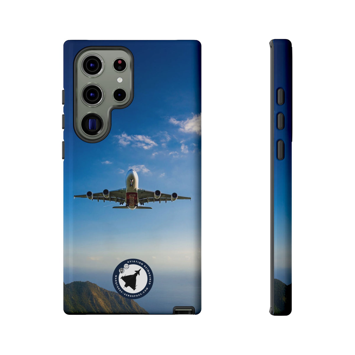 Emirates Airbus A380 climbing head-on over coastline aviation photo Samsung Galaxy tough phone case – view 15
