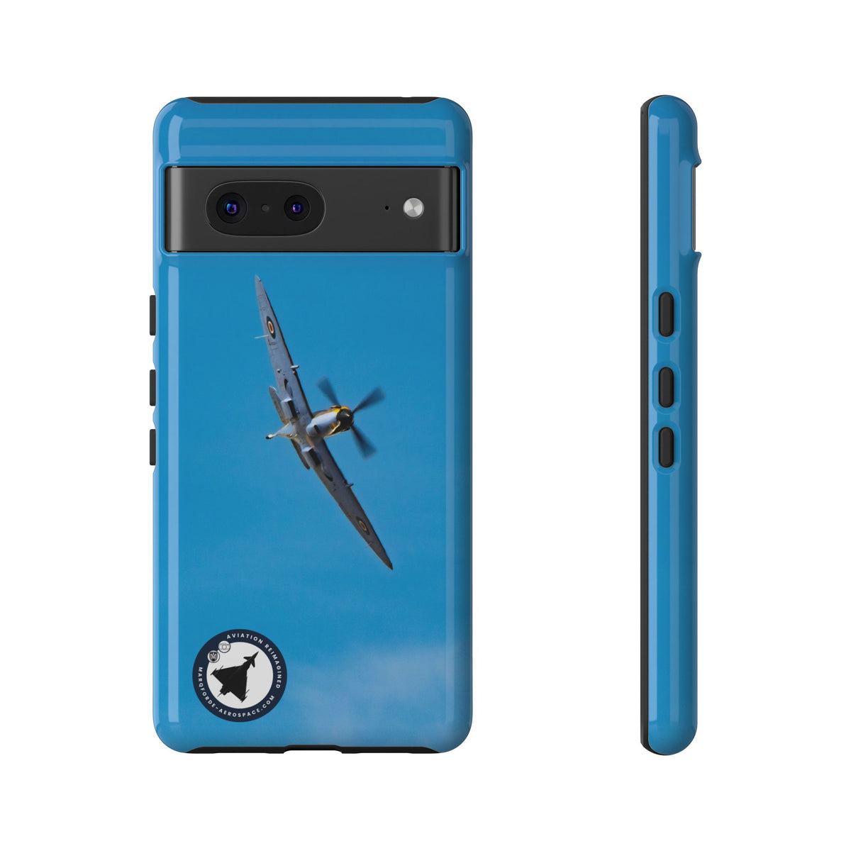 Camouflaged RAF Spitfire banking in a blue sky aviation photo Google Pixel tough phone case – view 2