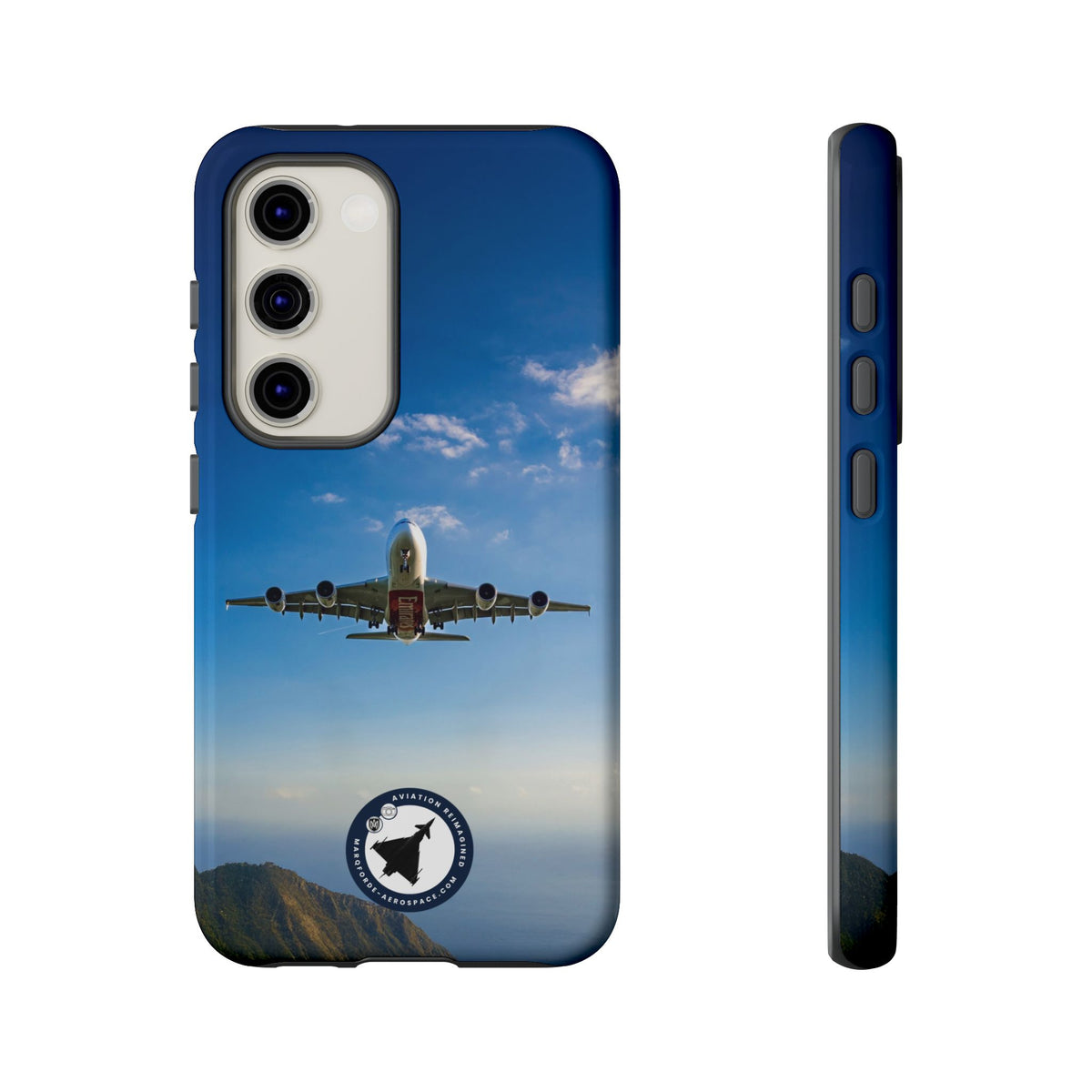 Emirates Airbus A380 climbing head-on over coastline aviation photo Samsung Galaxy tough phone case – view 13