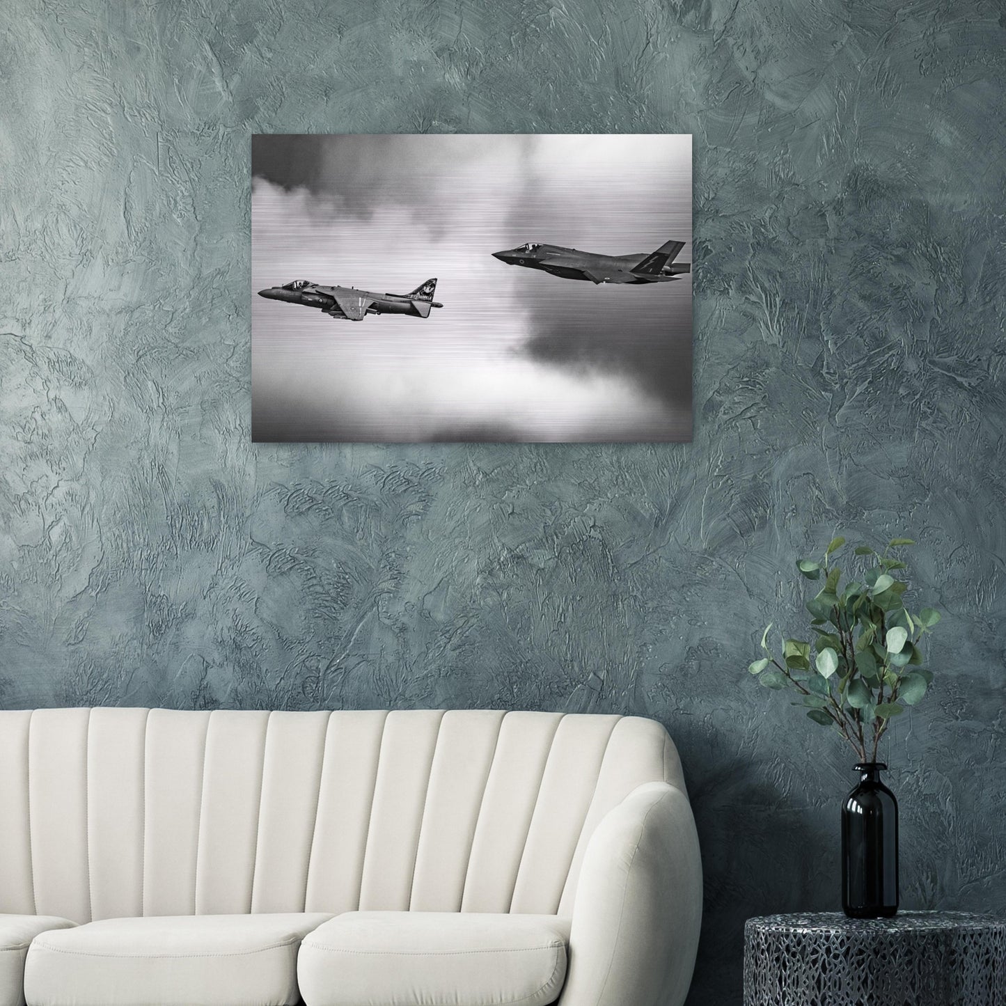 Brushed Aluminum Print of RAF F-35 & Harrier – Perfect for Collectors