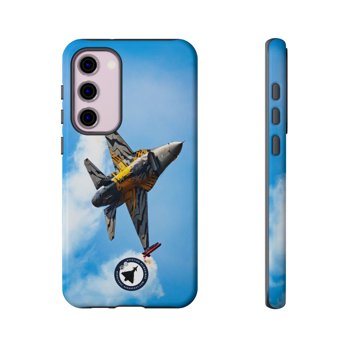 Tiger-striped Belgian F-16 banking hard with smoke aviation photo Samsung Galaxy tough phone case – view 14