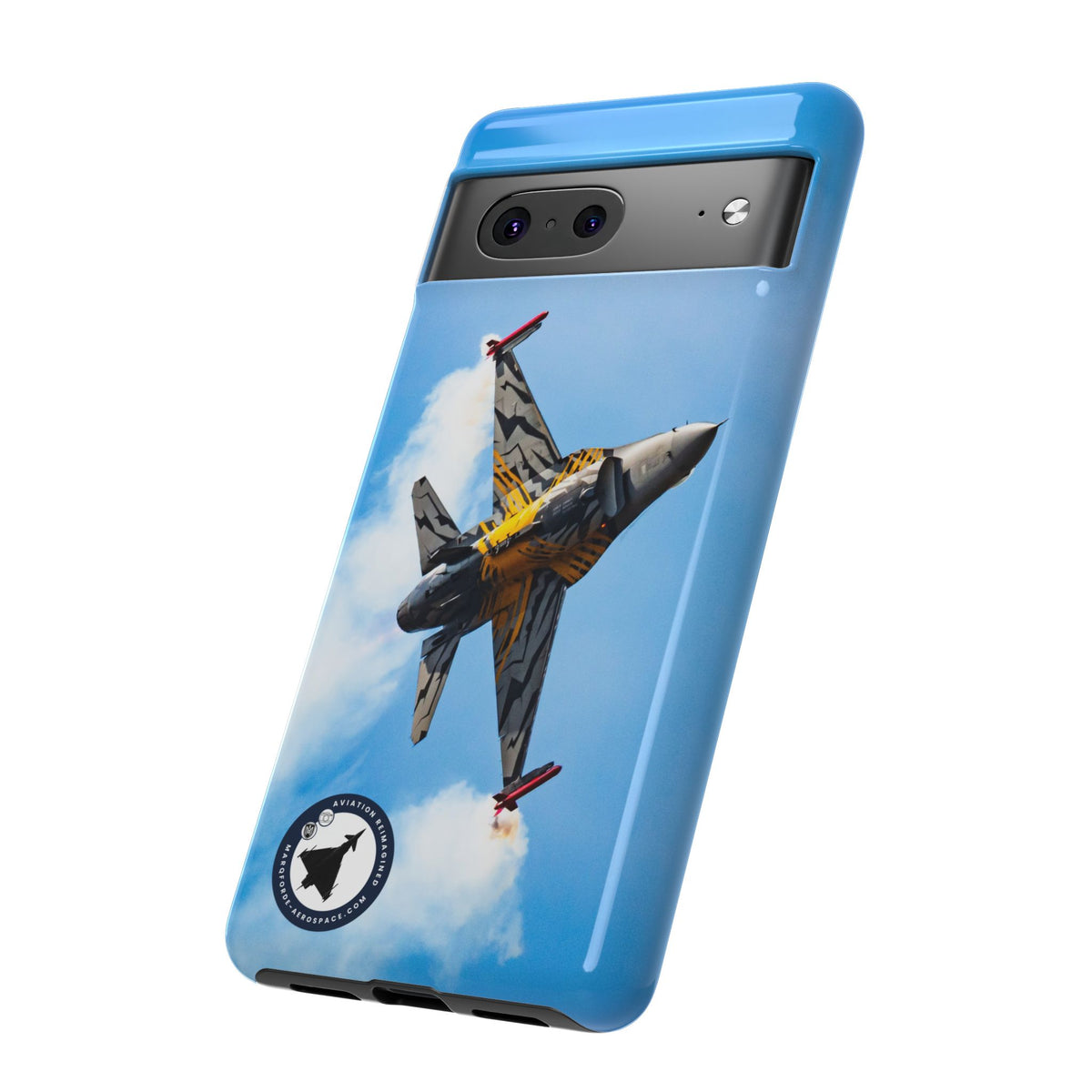 Tiger-striped Belgian F-16 banking hard with smoke aviation photo Google Pixel tough phone case – view 9