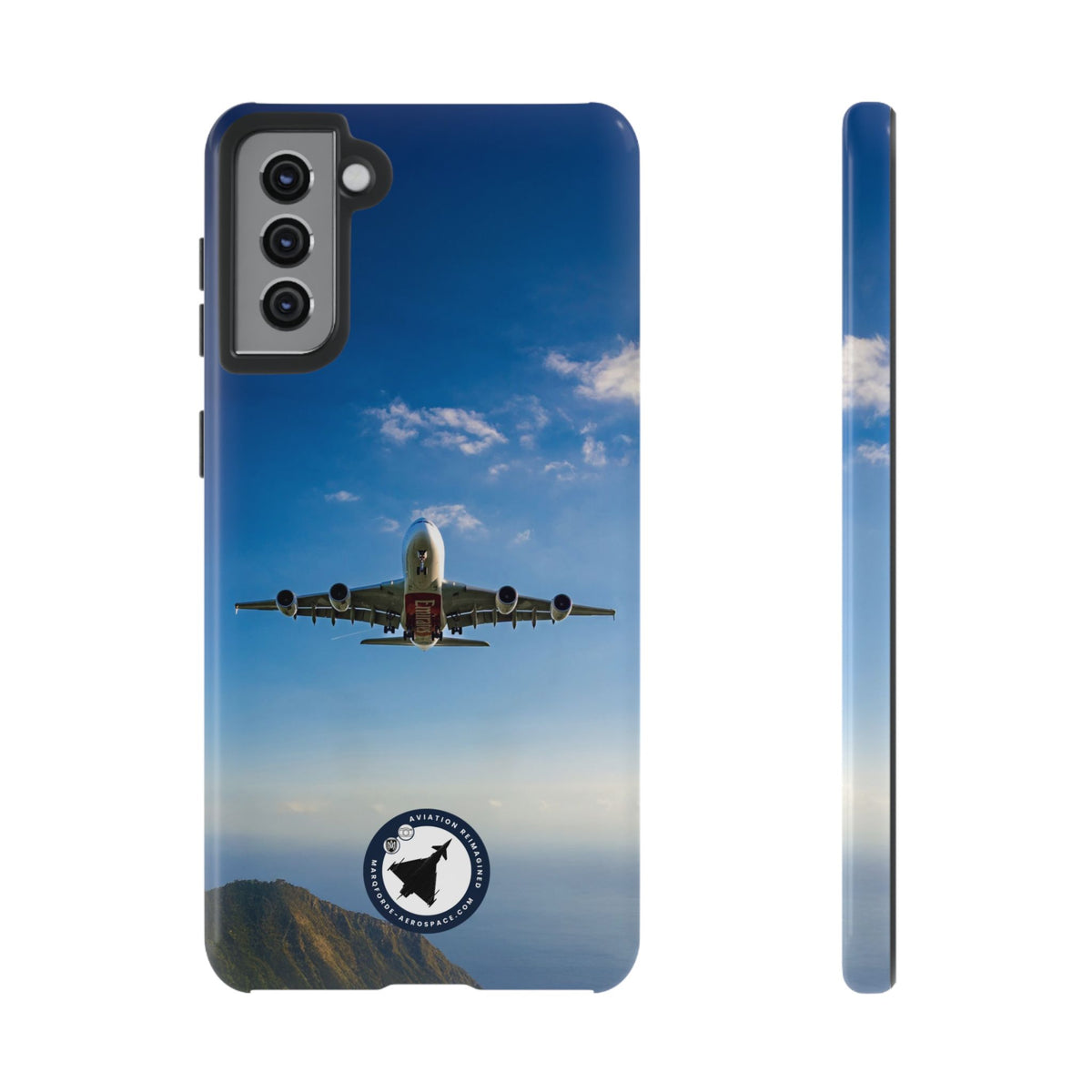 Emirates Airbus A380 climbing head-on over coastline aviation photo Samsung Galaxy tough phone case – view 7