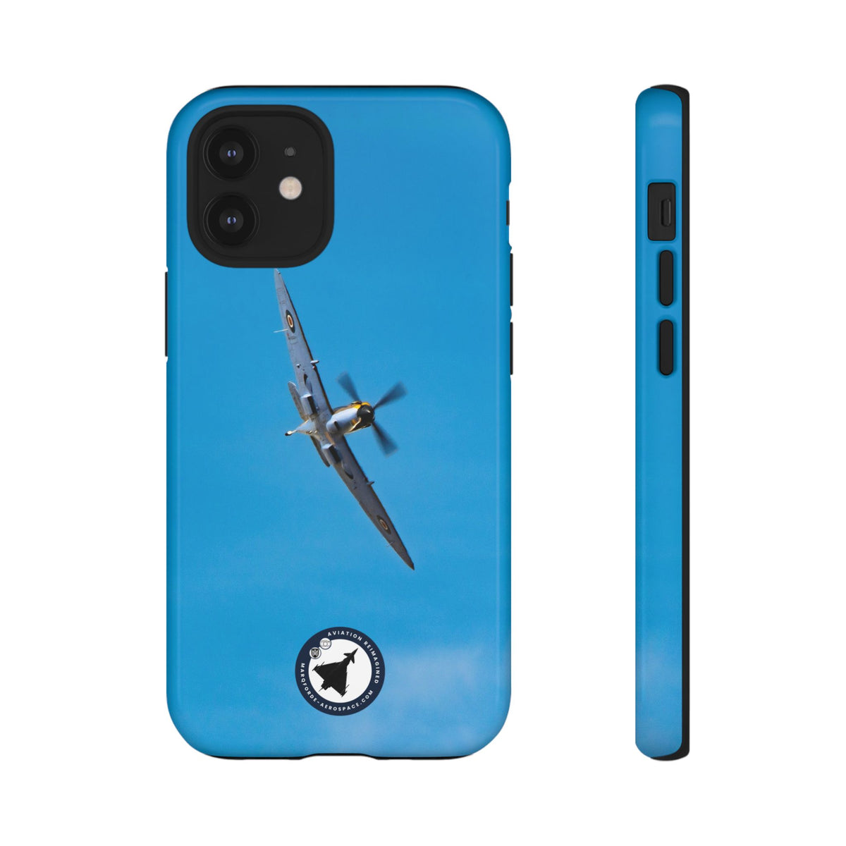 Camouflaged RAF Spitfire banking in a blue sky aviation photo iPhone tough phone case – view 12