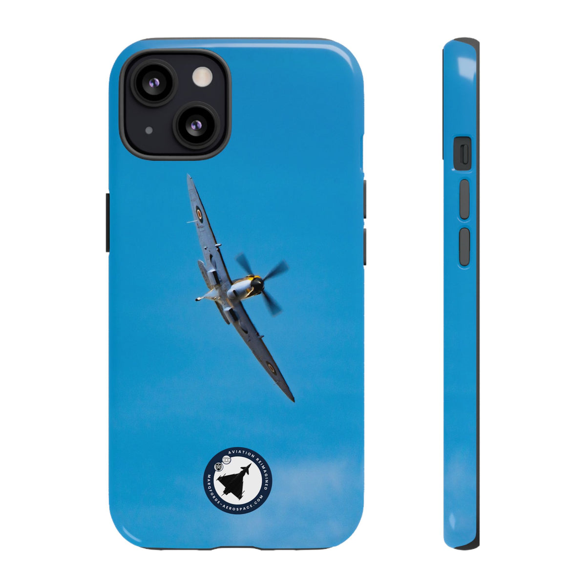 Camouflaged RAF Spitfire banking in a blue sky aviation photo iPhone tough phone case – view 16