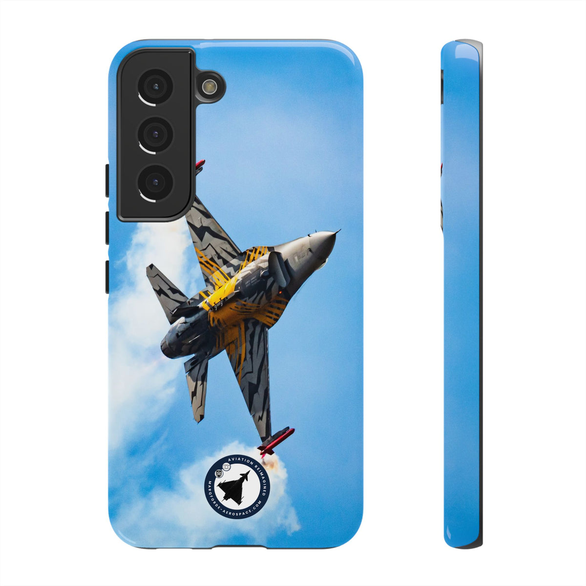 Tiger-striped Belgian F-16 banking hard with smoke aviation photo Samsung Galaxy tough phone case – view 10