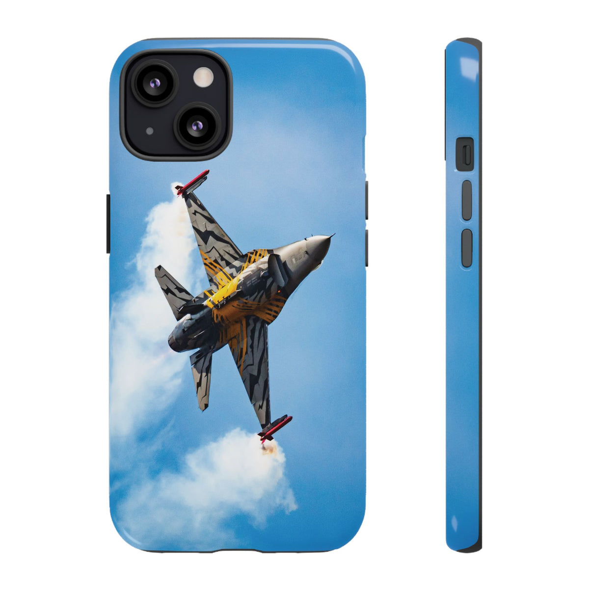 Tiger-striped Belgian F-16 banking hard with smoke aviation photo iPhone tough phone case – view 2