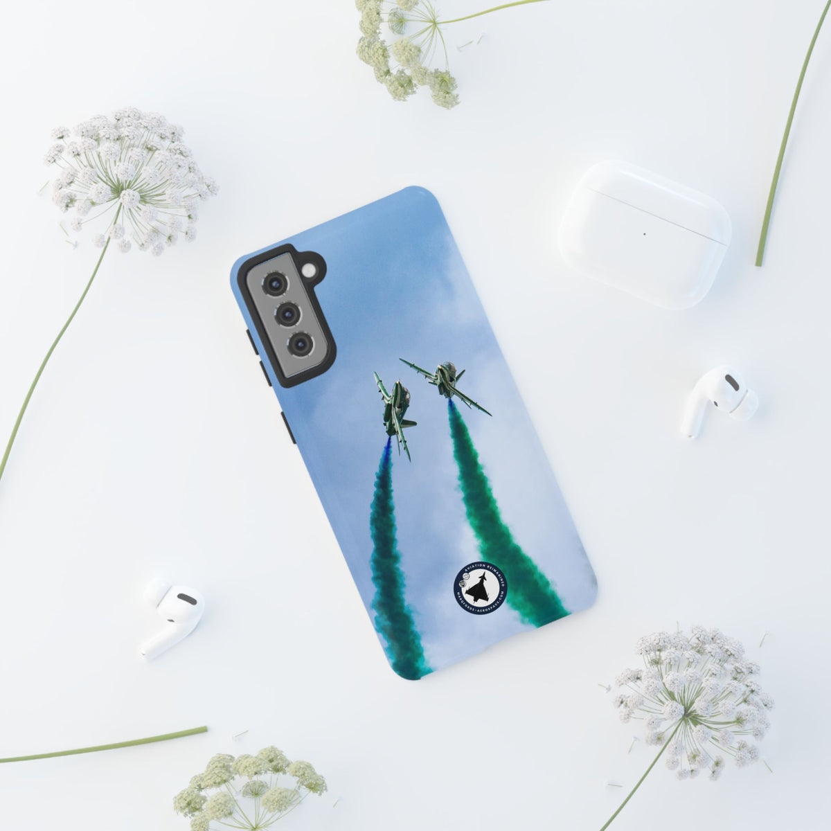Two Saudi Hawks jets crossing in green smoke aviation photo Samsung Galaxy tough phone case – view 21